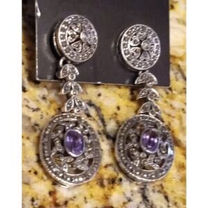 925 Silver - Vintage Victorian Amethyst & Marcasite Dangle Earrings